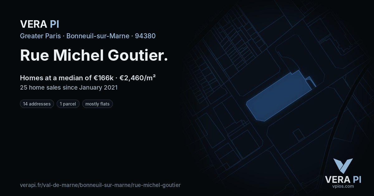 Rue Michel Goutier, Bonneuil-sur-Marne at night – every parcel coloured by the prices around it, the street's own parcels lit