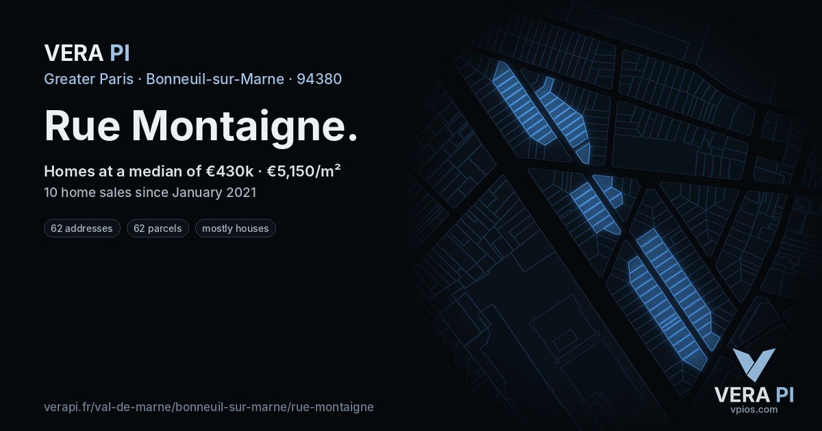Rue Montaigne, Bonneuil-sur-Marne at night – every parcel coloured by the prices around it, the street's own parcels lit