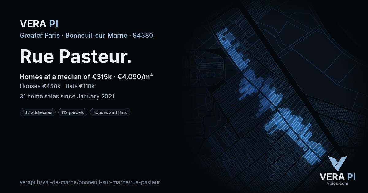Rue Pasteur, Bonneuil-sur-Marne at night – every parcel coloured by the prices around it, the street's own parcels lit