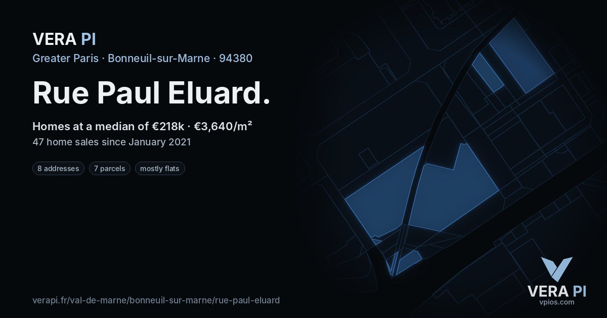 Rue Paul Eluard, Bonneuil-sur-Marne at night – every parcel coloured by the prices around it, the street's own parcels lit