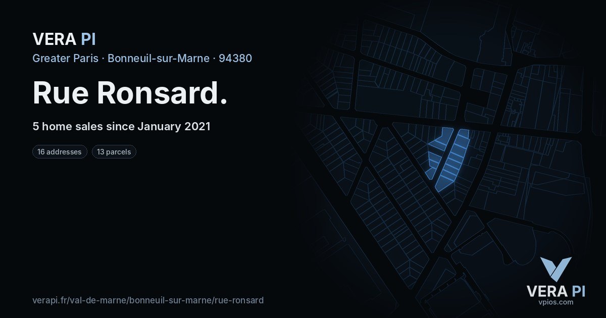 Rue Ronsard, Bonneuil-sur-Marne at night – every parcel coloured by the prices around it, the street's own parcels lit