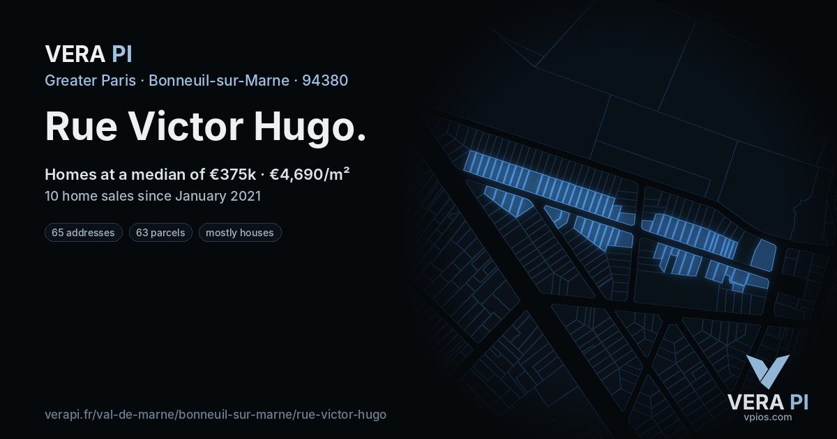 Rue Victor Hugo, Bonneuil-sur-Marne at night – every parcel coloured by the prices around it, the street's own parcels lit