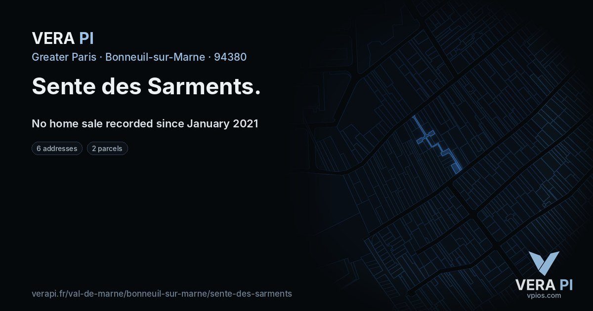 Sente des Sarments, Bonneuil-sur-Marne at night – every parcel coloured by the prices around it, the street's own parcels lit