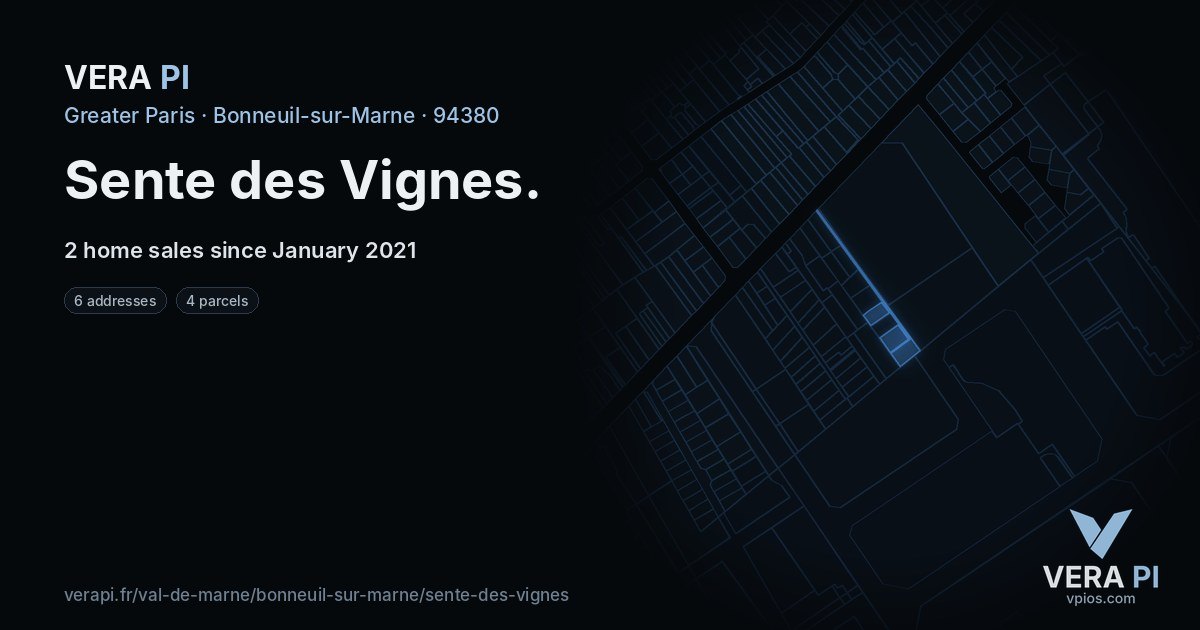Sente des Vignes, Bonneuil-sur-Marne at night – every parcel coloured by the prices around it, the street's own parcels lit