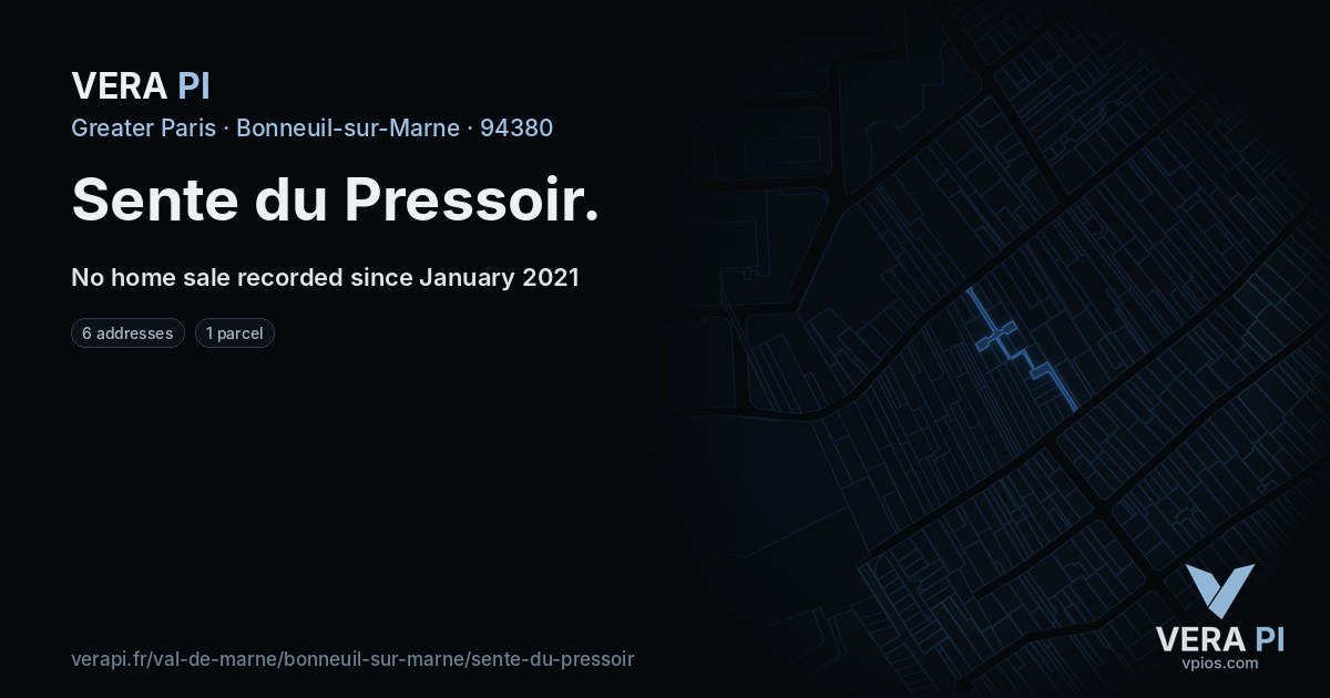 Sente du Pressoir, Bonneuil-sur-Marne at night – every parcel coloured by the prices around it, the street's own parcels lit