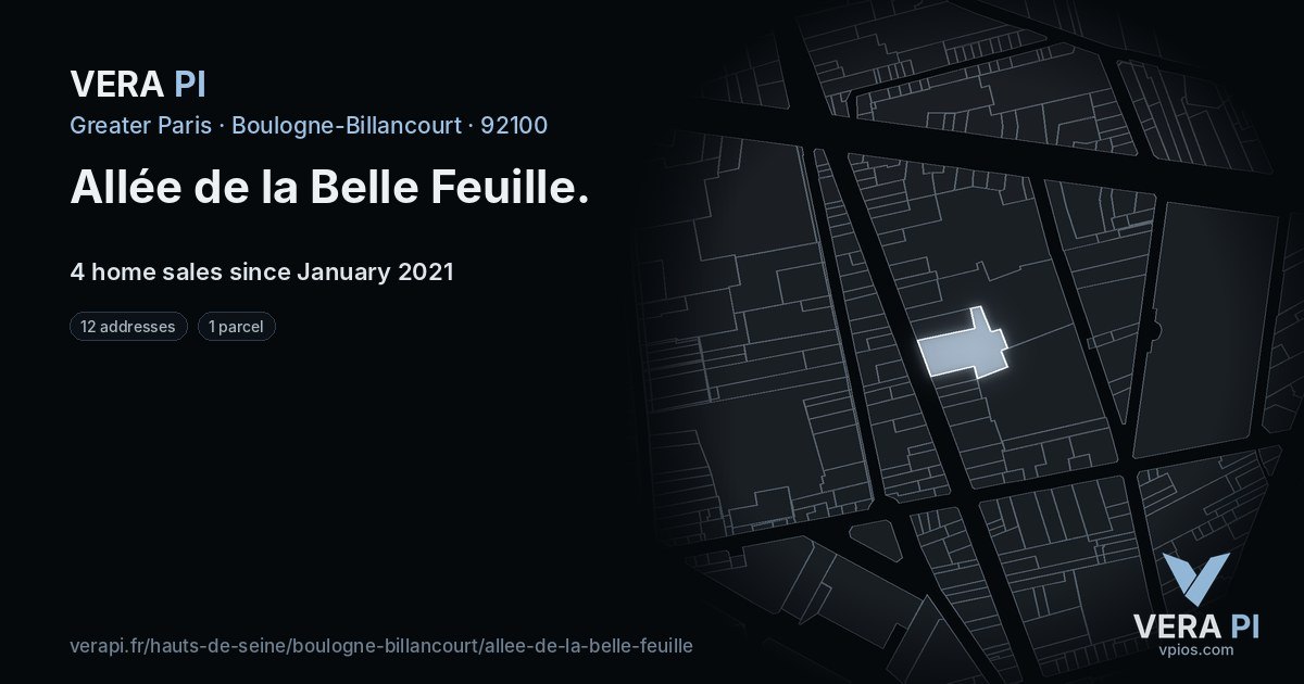 Allée de la Belle Feuille, Boulogne-Billancourt at night – every parcel coloured by the prices around it, the street's own parcels lit