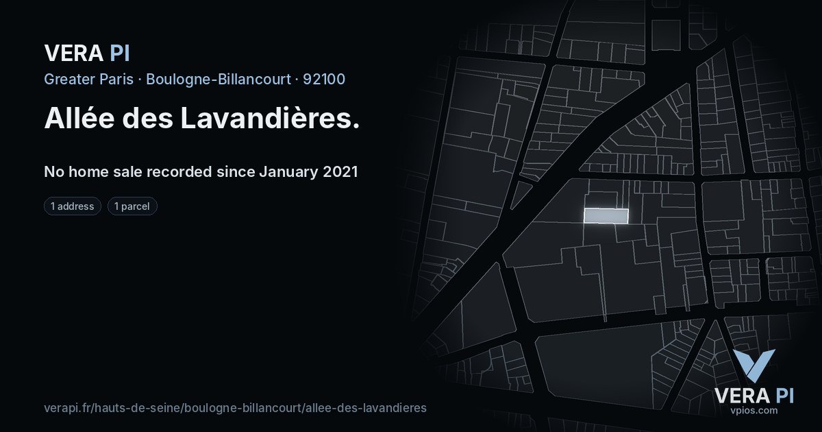 Allée des Lavandières, Boulogne-Billancourt at night – every parcel coloured by the prices around it, the street's own parcels lit