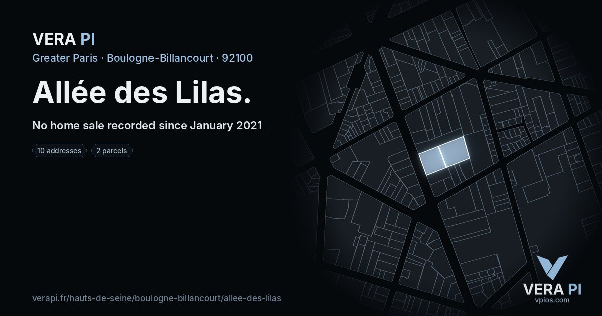 Allée des Lilas, Boulogne-Billancourt at night – every parcel coloured by the prices around it, the street's own parcels lit