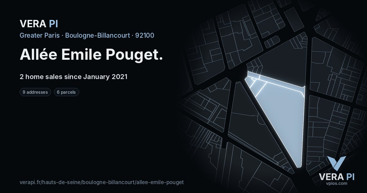 Allée Emile Pouget, Boulogne-Billancourt at night – every parcel coloured by the prices around it, the street's own parcels lit
