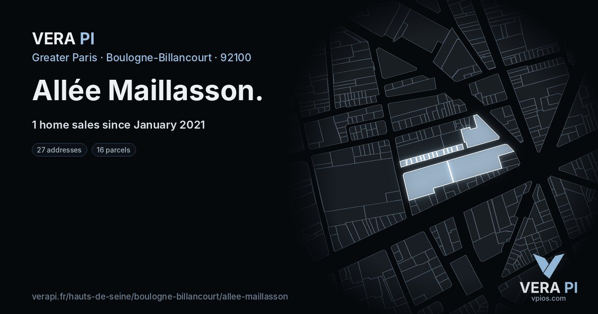 Allée Maillasson, Boulogne-Billancourt at night – every parcel coloured by the prices around it, the street's own parcels lit