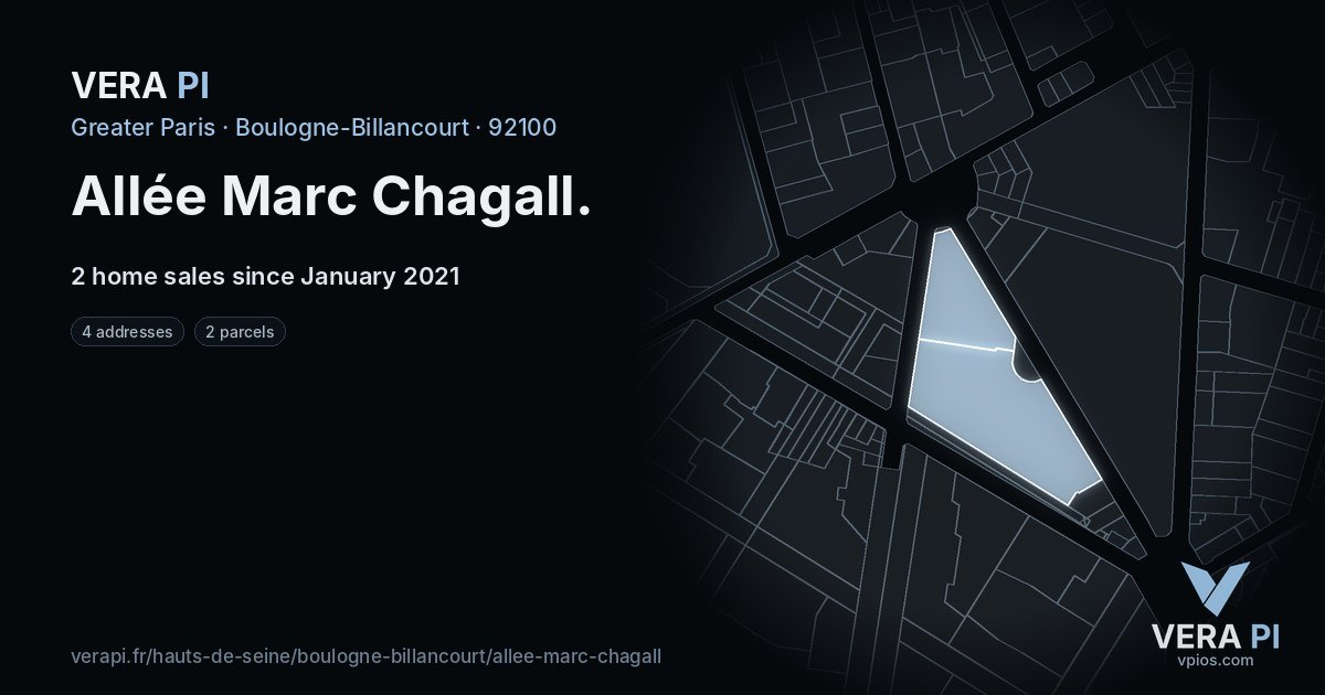 Allée Marc Chagall, Boulogne-Billancourt at night – every parcel coloured by the prices around it, the street's own parcels lit