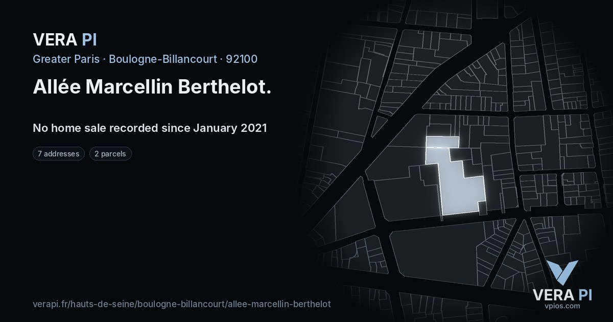 Allée Marcellin Berthelot, Boulogne-Billancourt at night – every parcel coloured by the prices around it, the street's own parcels lit