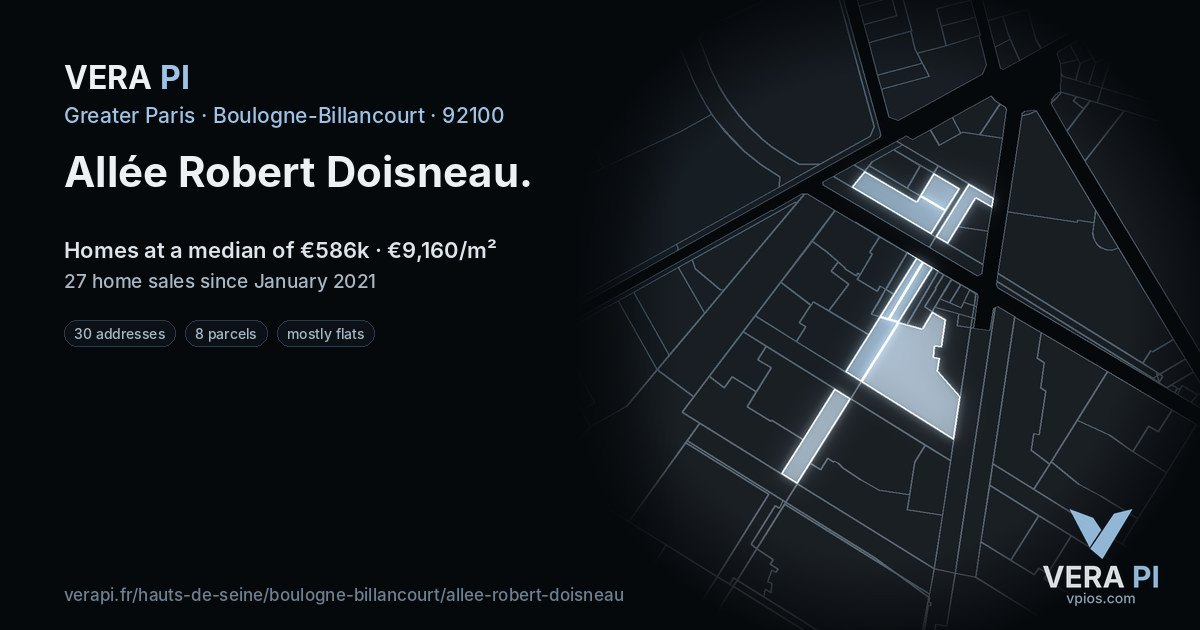 Allée Robert Doisneau, Boulogne-Billancourt at night – every parcel coloured by the prices around it, the street's own parcels lit