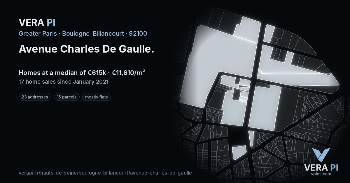 Avenue Charles De Gaulle, Boulogne-Billancourt at night – every parcel coloured by the prices around it, the street's own parcels lit