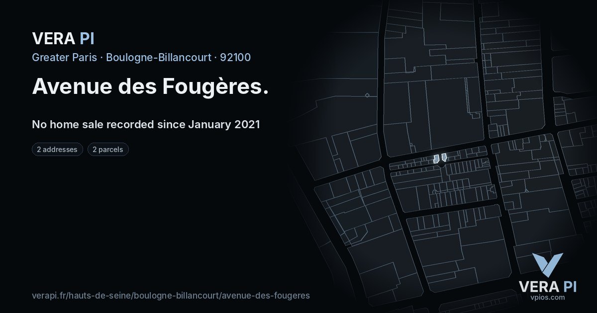 Avenue des Fougères, Boulogne-Billancourt at night – every parcel coloured by the prices around it, the street's own parcels lit