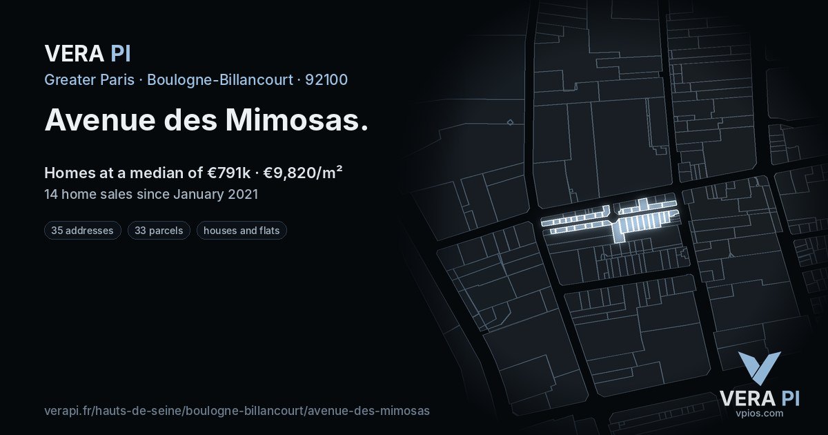 Avenue des Mimosas, Boulogne-Billancourt at night – every parcel coloured by the prices around it, the street's own parcels lit