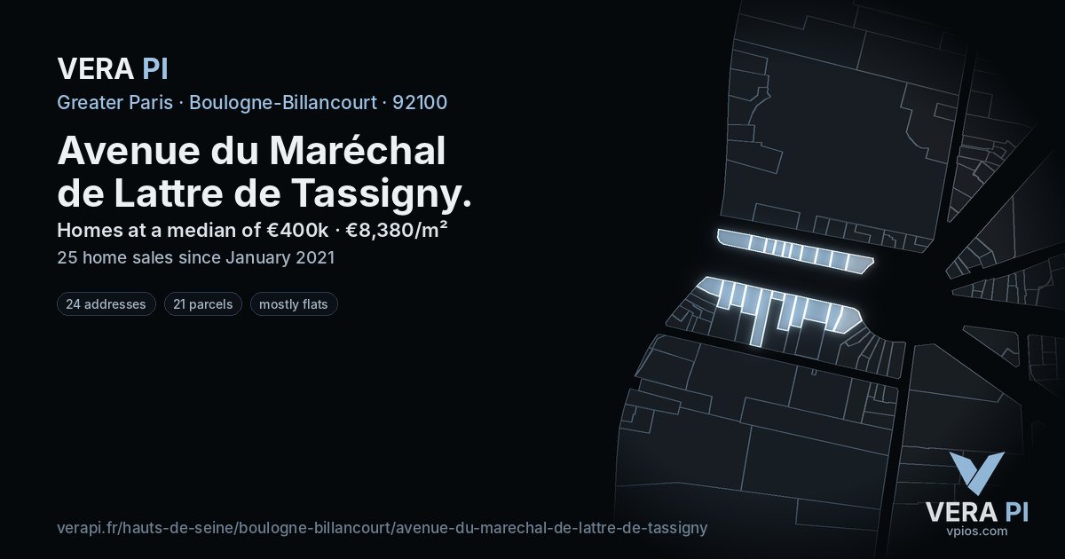 Avenue du Maréchal de Lattre de Tassigny, Boulogne-Billancourt at night – every parcel coloured by the prices around it, the street's own parcels lit