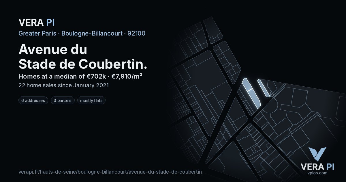 Avenue du Stade de Coubertin, Boulogne-Billancourt at night – every parcel coloured by the prices around it, the street's own parcels lit