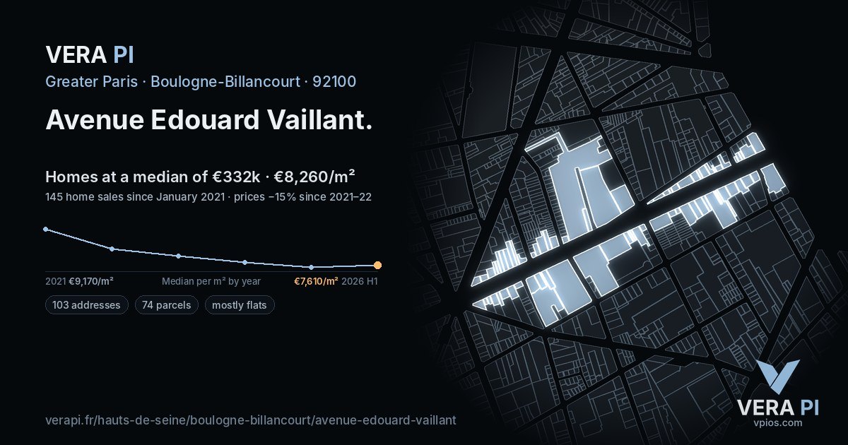 Avenue Edouard Vaillant, Boulogne-Billancourt at night – every parcel coloured by the prices around it, the street's own parcels lit