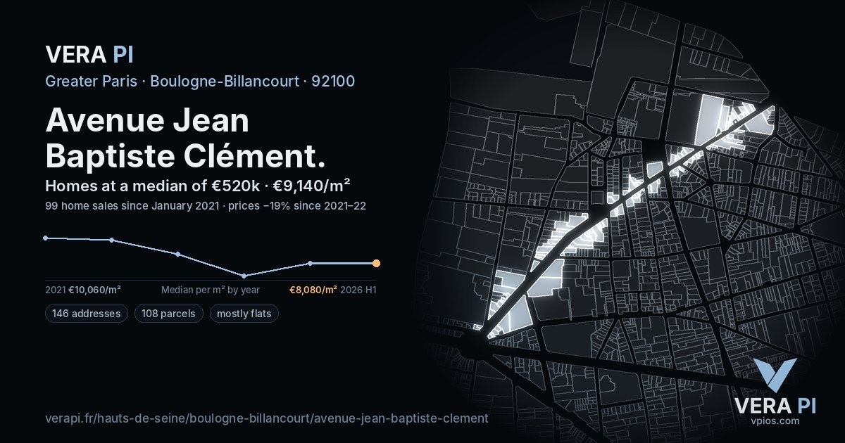 Avenue Jean Baptiste Clément, Boulogne-Billancourt at night – every parcel coloured by the prices around it, the street's own parcels lit