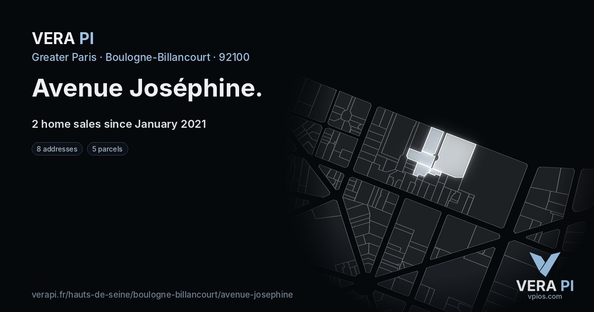 Avenue Joséphine, Boulogne-Billancourt at night – every parcel coloured by the prices around it, the street's own parcels lit