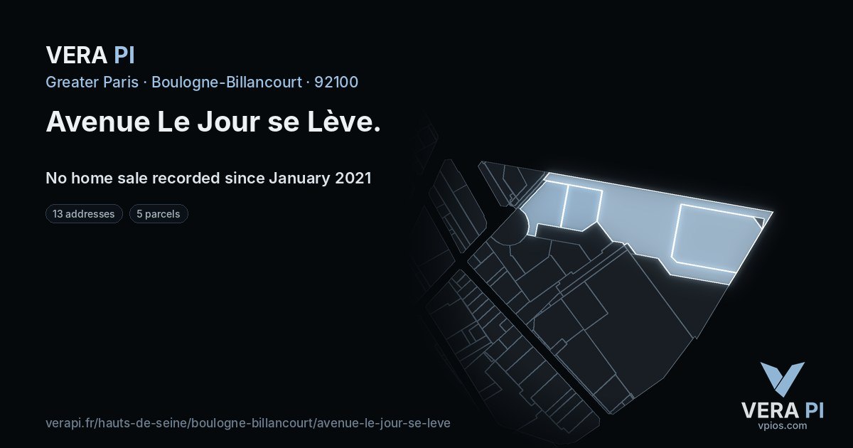 Avenue Le Jour se Lève, Boulogne-Billancourt at night – every parcel coloured by the prices around it, the street's own parcels lit