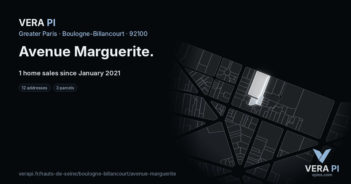 Avenue Marguerite, Boulogne-Billancourt at night – every parcel coloured by the prices around it, the street's own parcels lit