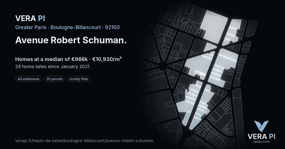 Avenue Robert Schuman, Boulogne-Billancourt at night – every parcel coloured by the prices around it, the street's own parcels lit