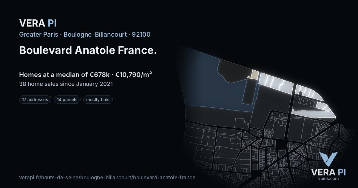 Boulevard Anatole France, Boulogne-Billancourt at night – every parcel coloured by the prices around it, the street's own parcels lit