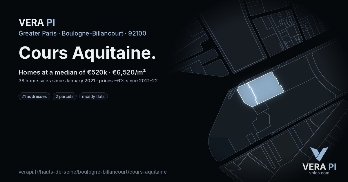 Cours Aquitaine, Boulogne-Billancourt at night – every parcel coloured by the prices around it, the street's own parcels lit