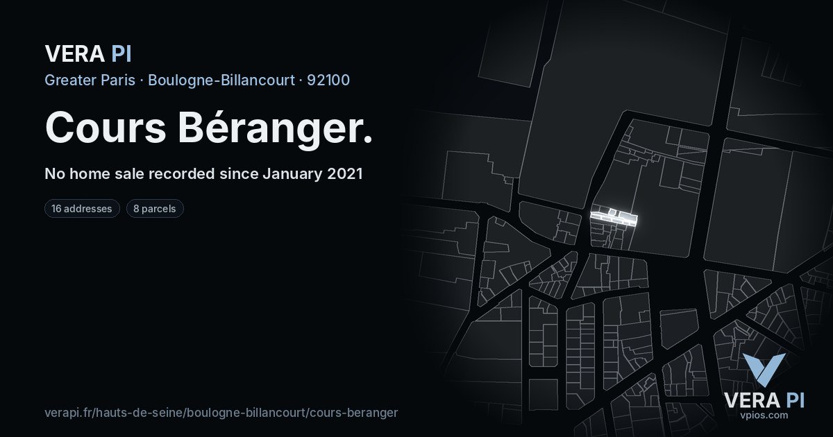 Cours Béranger, Boulogne-Billancourt at night – every parcel coloured by the prices around it, the street's own parcels lit