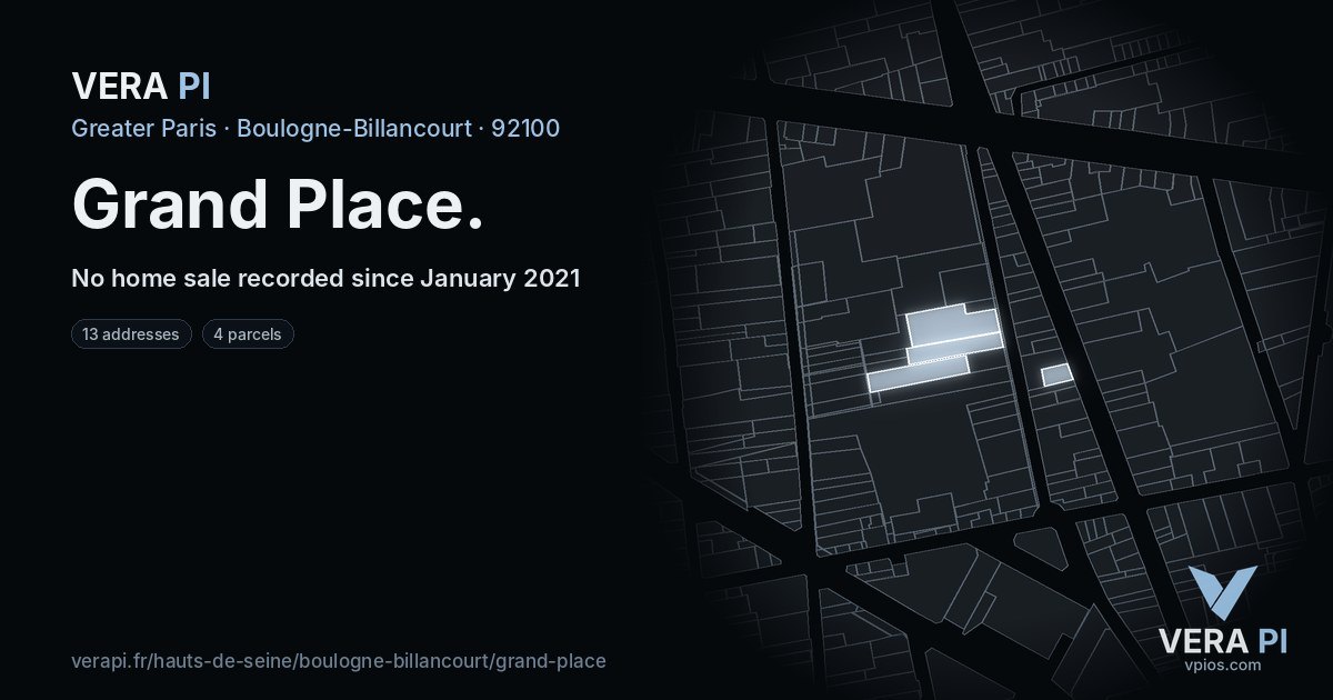 Grand Place, Boulogne-Billancourt at night – every parcel coloured by the prices around it, the street's own parcels lit