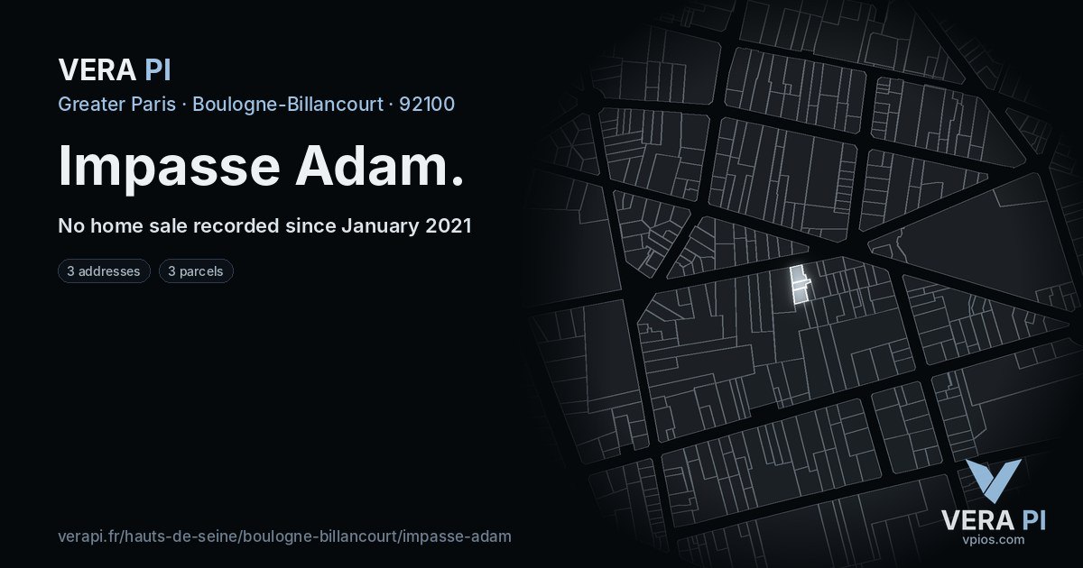 Impasse Adam, Boulogne-Billancourt at night – every parcel coloured by the prices around it, the street's own parcels lit