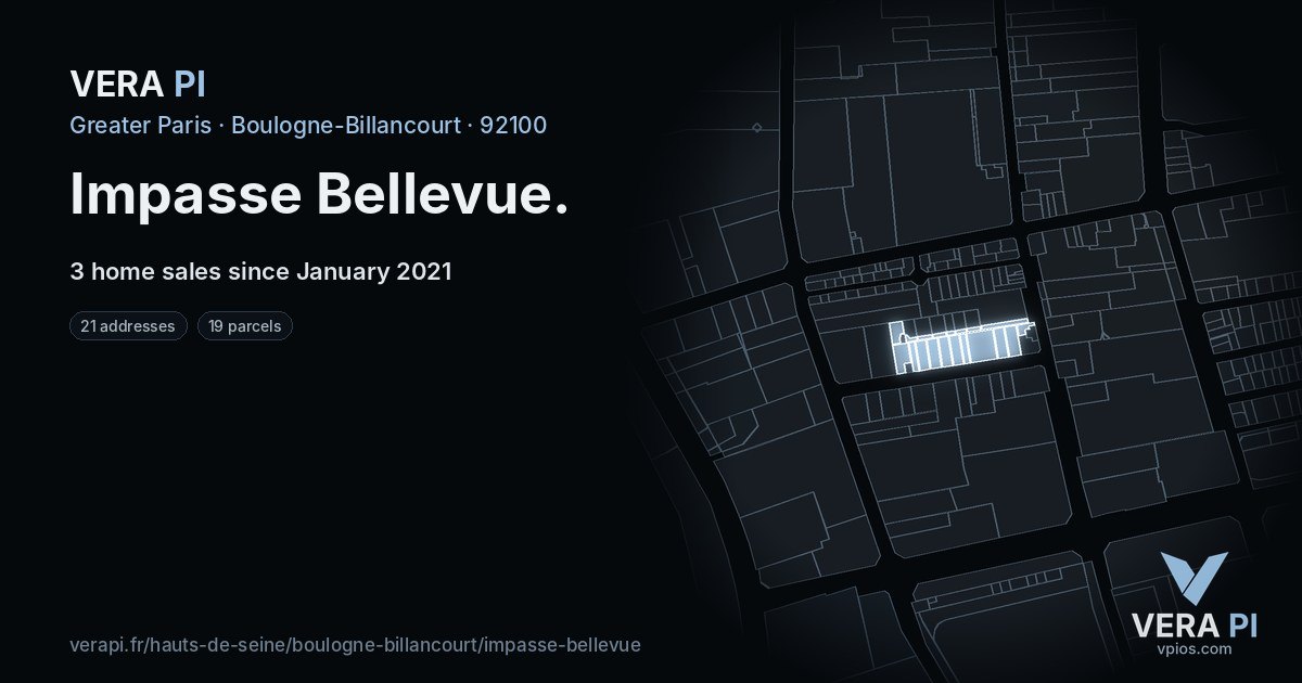 Impasse Bellevue, Boulogne-Billancourt at night – every parcel coloured by the prices around it, the street's own parcels lit