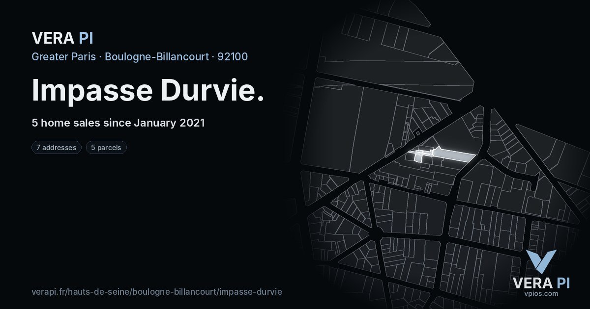 Impasse Durvie, Boulogne-Billancourt at night – every parcel coloured by the prices around it, the street's own parcels lit