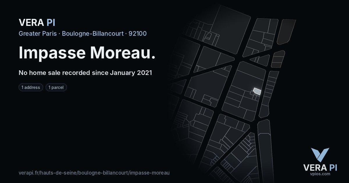 Impasse Moreau, Boulogne-Billancourt at night – every parcel coloured by the prices around it, the street's own parcels lit
