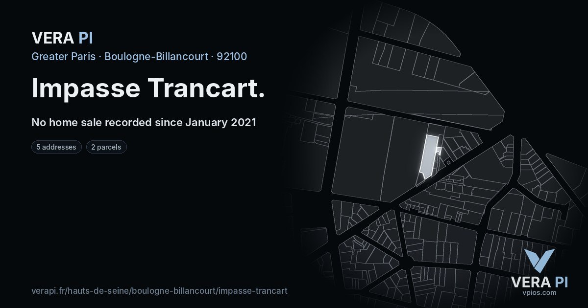 Impasse Trancart, Boulogne-Billancourt at night – every parcel coloured by the prices around it, the street's own parcels lit