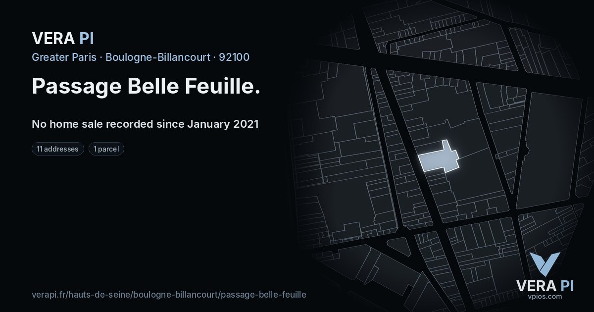 Passage Belle Feuille, Boulogne-Billancourt at night – every parcel coloured by the prices around it, the street's own parcels lit