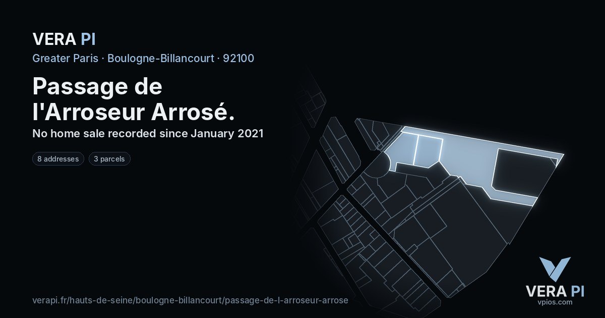 Passage de l'Arroseur Arrosé, Boulogne-Billancourt at night – every parcel coloured by the prices around it, the street's own parcels lit