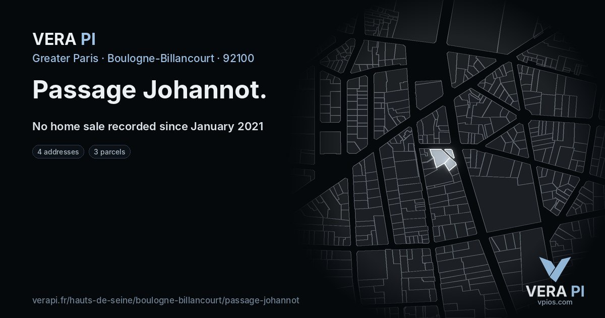 Passage Johannot, Boulogne-Billancourt at night – every parcel coloured by the prices around it, the street's own parcels lit