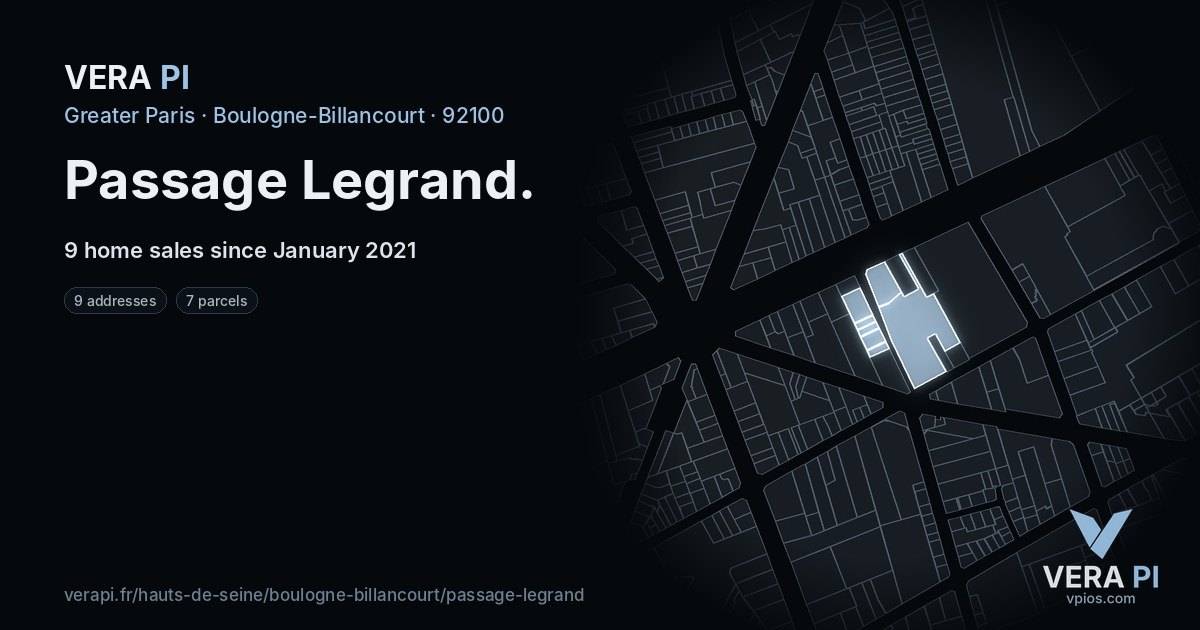 Passage Legrand, Boulogne-Billancourt at night – every parcel coloured by the prices around it, the street's own parcels lit