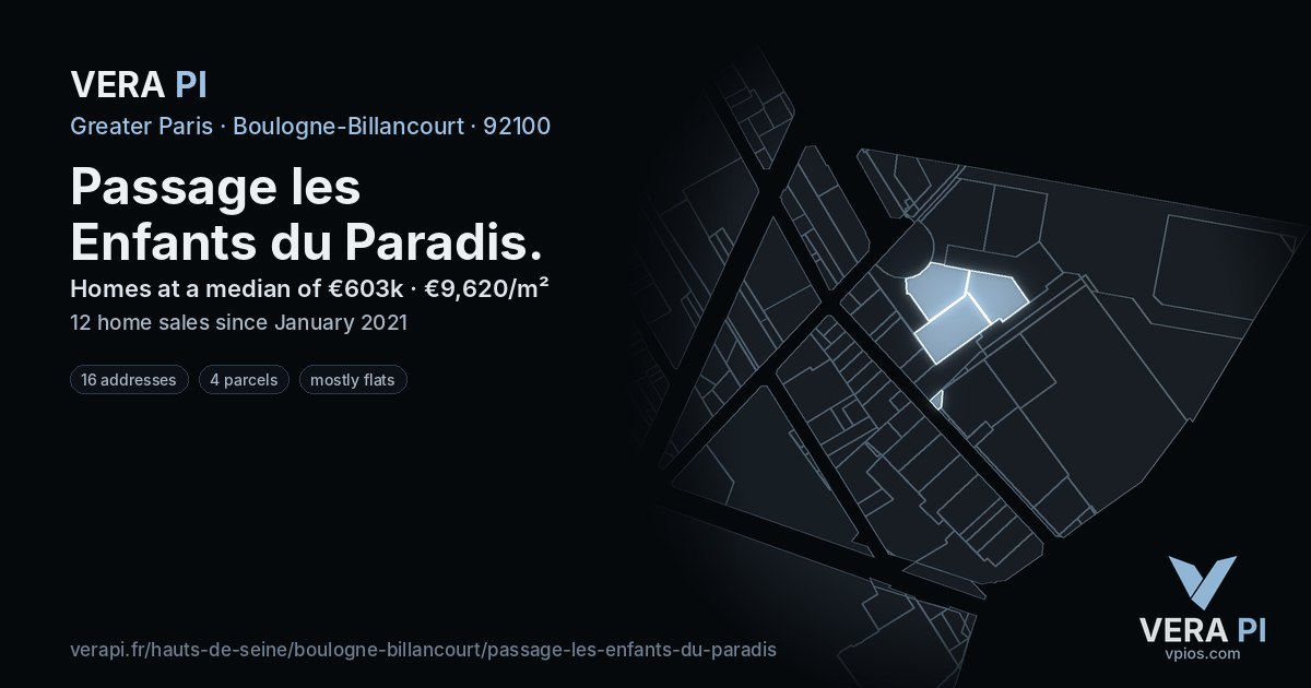 Passage les Enfants du Paradis, Boulogne-Billancourt at night – every parcel coloured by the prices around it, the street's own parcels lit