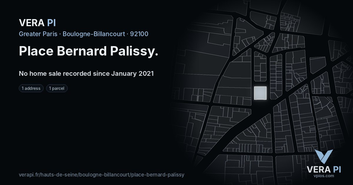 Place Bernard Palissy, Boulogne-Billancourt at night – every parcel coloured by the prices around it, the street's own parcels lit