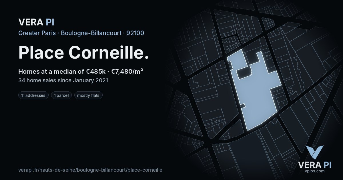Place Corneille, Boulogne-Billancourt at night – every parcel coloured by the prices around it, the street's own parcels lit