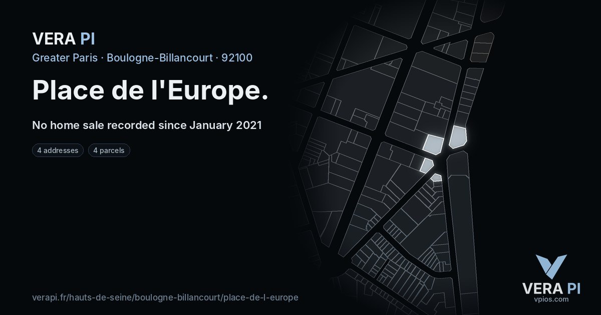 Place de l'Europe, Boulogne-Billancourt at night – every parcel coloured by the prices around it, the street's own parcels lit