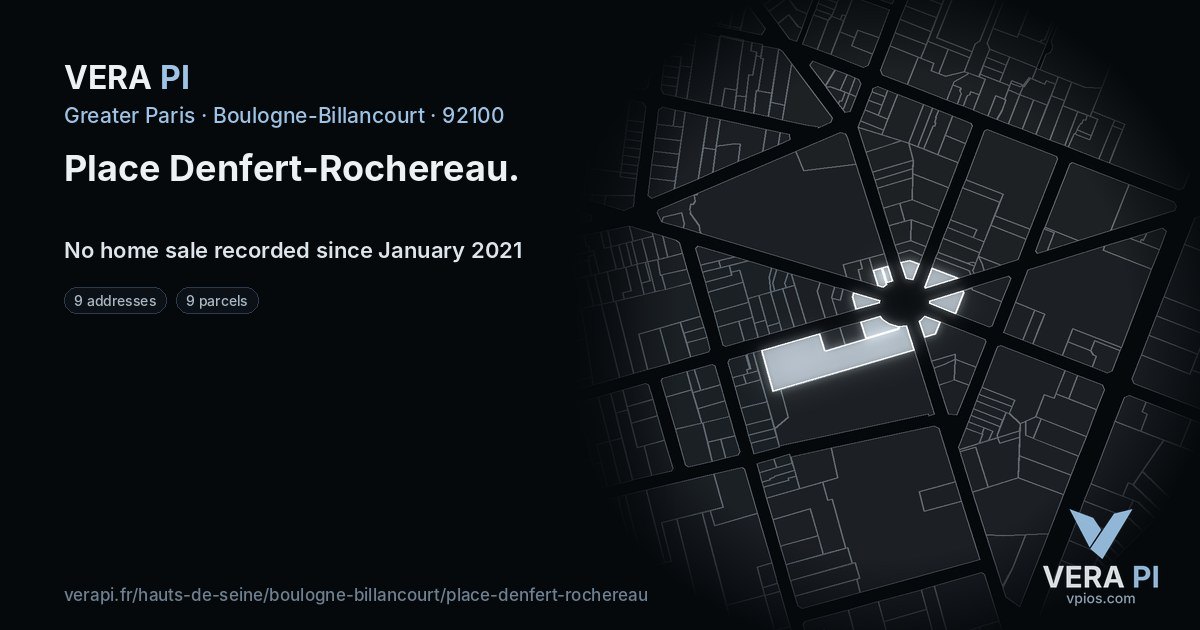 Place Denfert-Rochereau, Boulogne-Billancourt at night – every parcel coloured by the prices around it, the street's own parcels lit