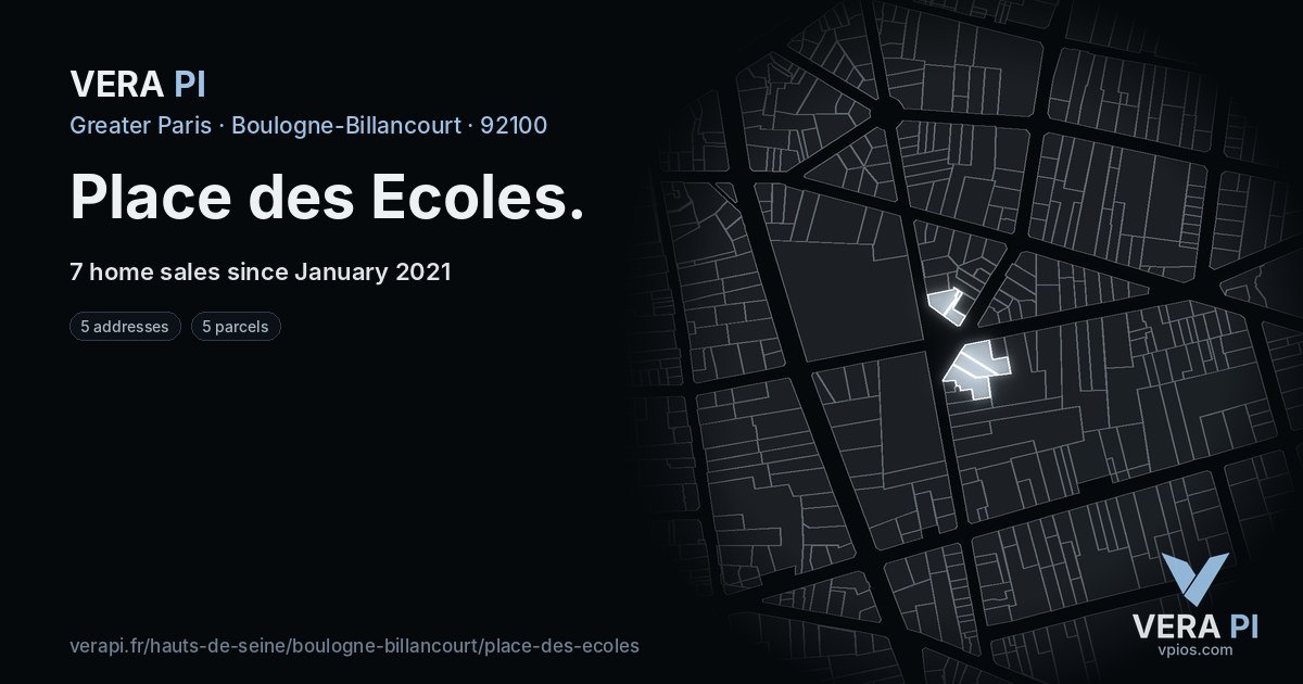 Place des Ecoles, Boulogne-Billancourt at night – every parcel coloured by the prices around it, the street's own parcels lit