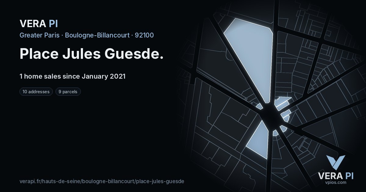 Place Jules Guesde, Boulogne-Billancourt at night – every parcel coloured by the prices around it, the street's own parcels lit