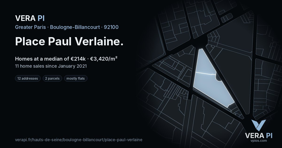 Place Paul Verlaine, Boulogne-Billancourt at night – every parcel coloured by the prices around it, the street's own parcels lit
