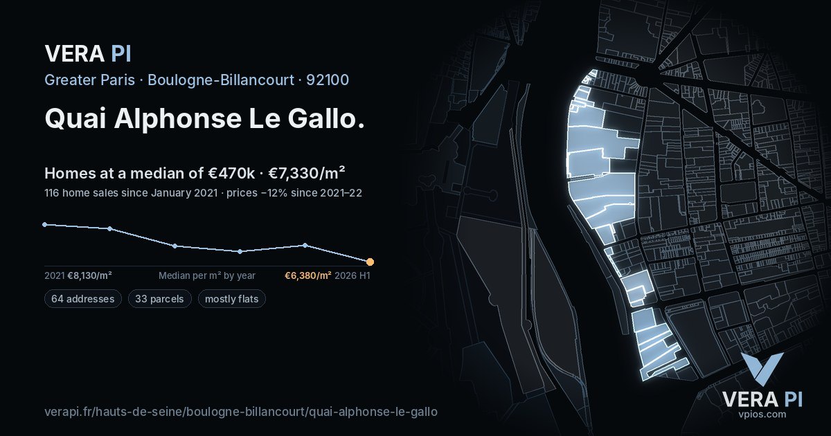 Quai Alphonse Le Gallo, Boulogne-Billancourt at night – every parcel coloured by the prices around it, the street's own parcels lit
